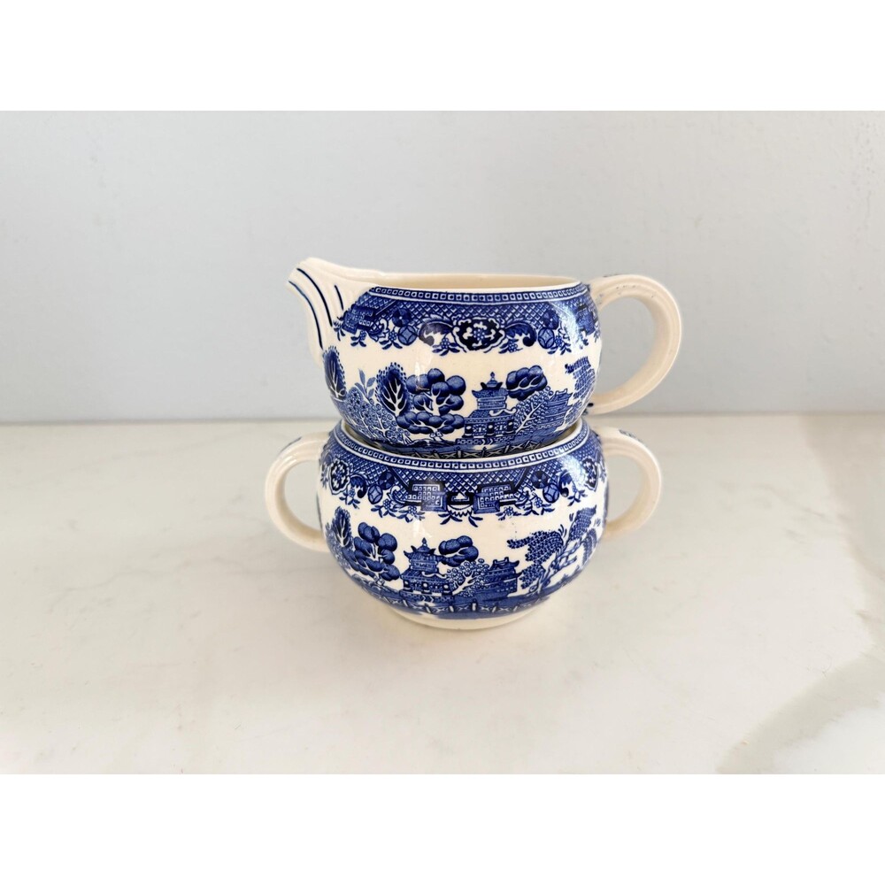 Vintage Sugar & Creamer Blue Willow Stamped Willow Woodware Wood & Sons England
